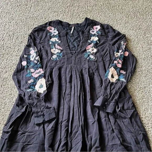 Woman’s Free People Black Smocked Mini Dress with Bishop Sleeves - Picture 2 of 10